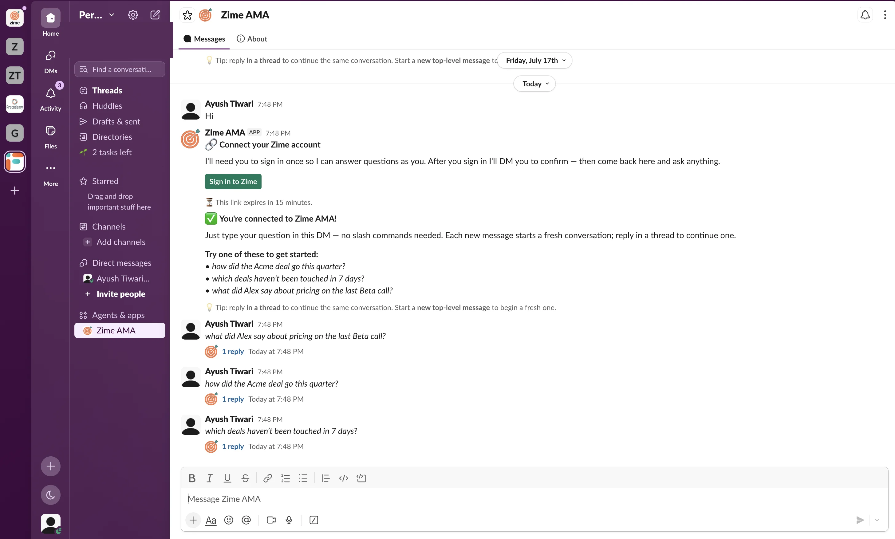 Zime AMA onboarding and sign-in flow in Slack, step 4